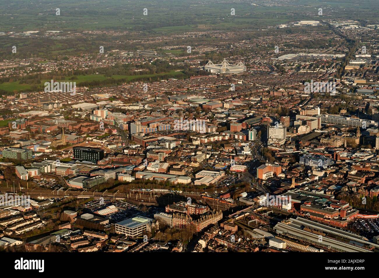 An aerial view of Preston city centre, railway station foreground, north west England, UK Stock Photo