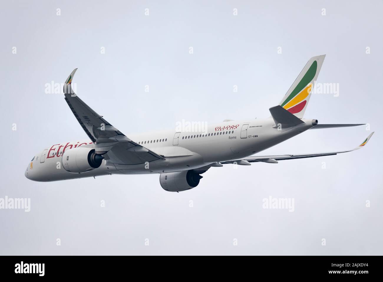 Ethiopian Airlines Airbus A350 registration ET-AWM taking off on December 29th 2019 at Heathrow Airport, Middlesex, UK Stock Photo