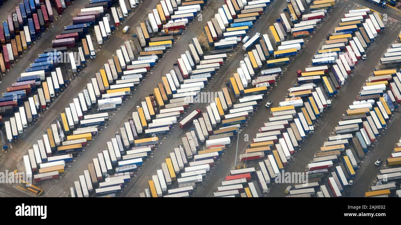 Overhead view of ships containers at Tilbury, river Thames, South East England, UK Stock Photo