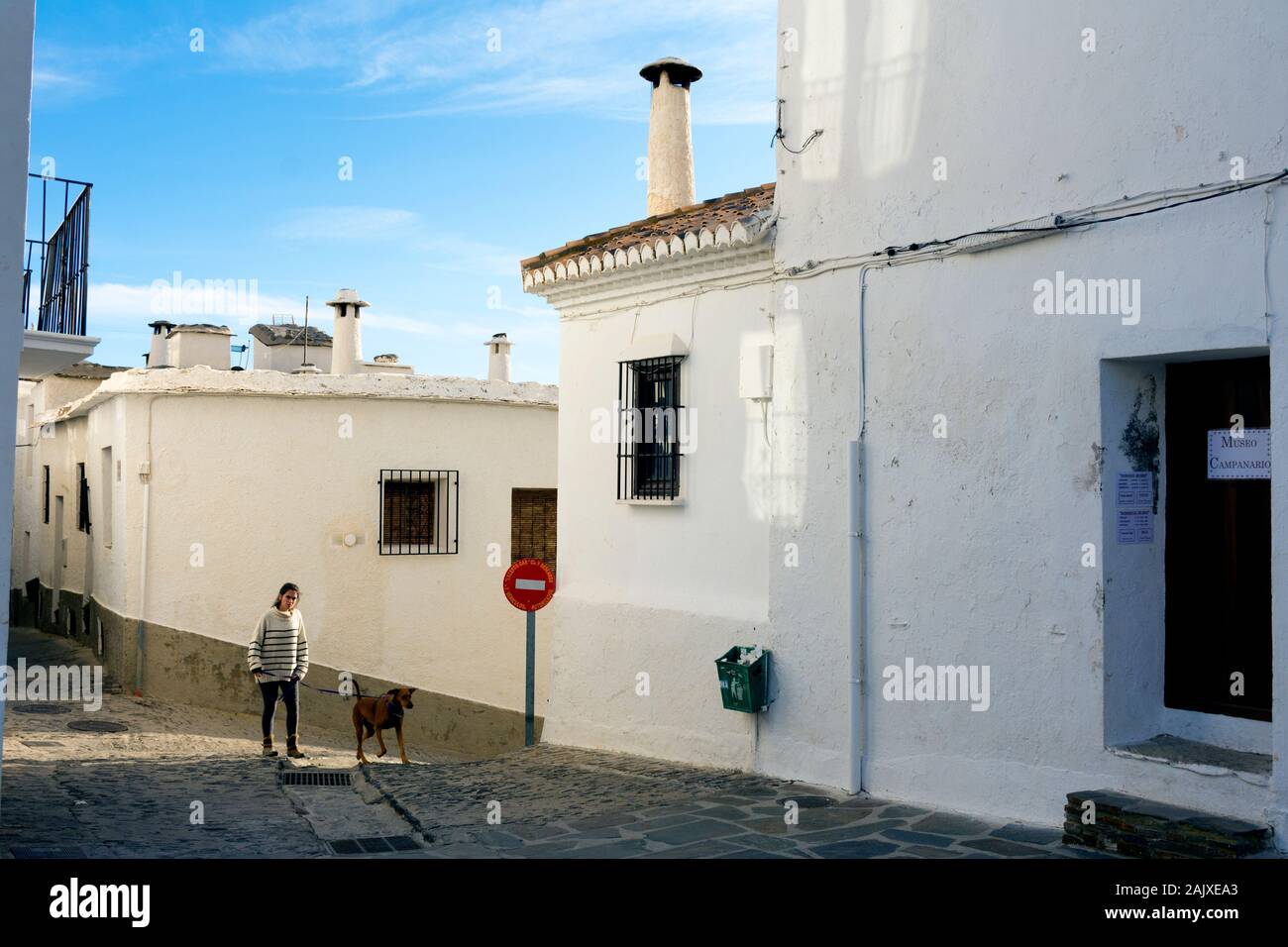 Capileira, La Alpujarra, Alpujarras, Granada region, Andalusia, Spain. Young woman walks her dog in the village high in the mountains. Stock Photo