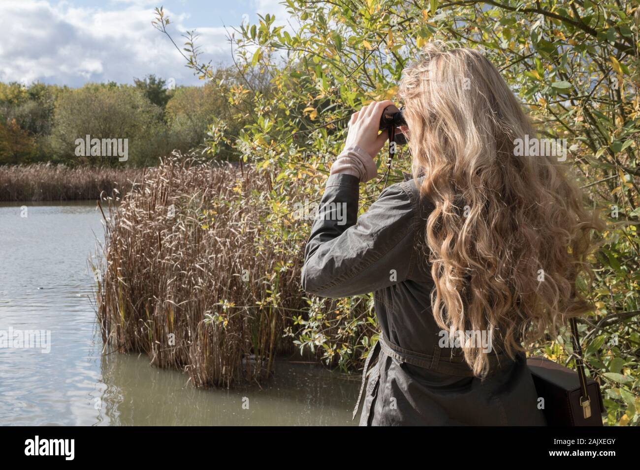 Lady bird watching using binoculars Stock Photo Alamy