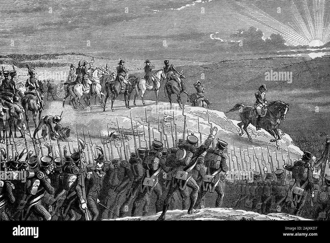 Napoleon giving attack signal. Battle of Austerlitz. 2 December 1805. Decisive French victory. Antique illustration.1890. Stock Photo