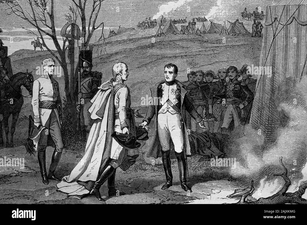 Interview between Napoleon and the Emperor of Austria, Francis II, after the battle of Austerlitz. 1805. Antique illustration.1890. Stock Photo