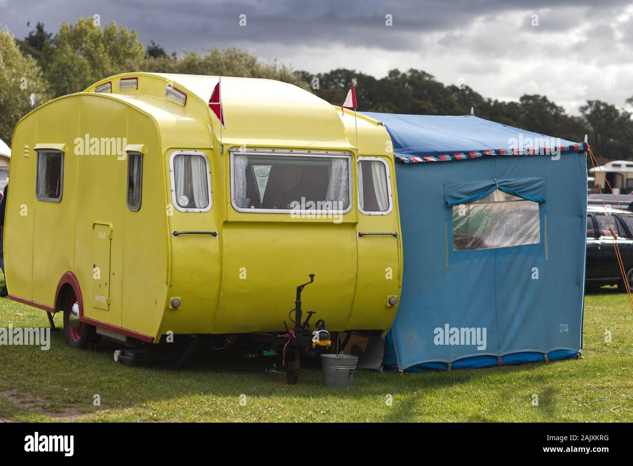 Vintage caravan and awing on a campsite Stock Photo