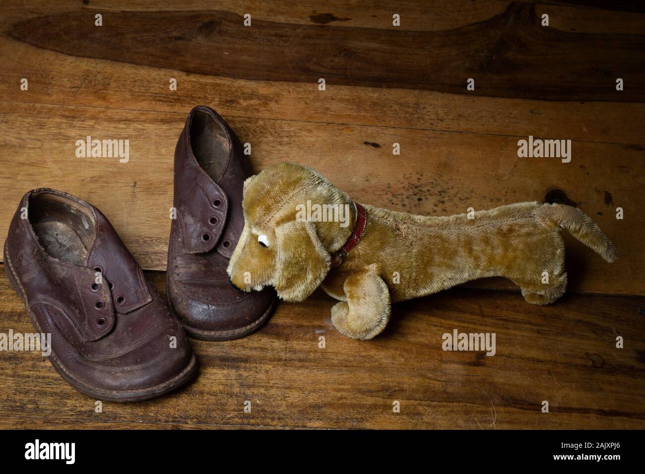 Old children shoes and a toy dog on wooden floor, vintage Stock Photo