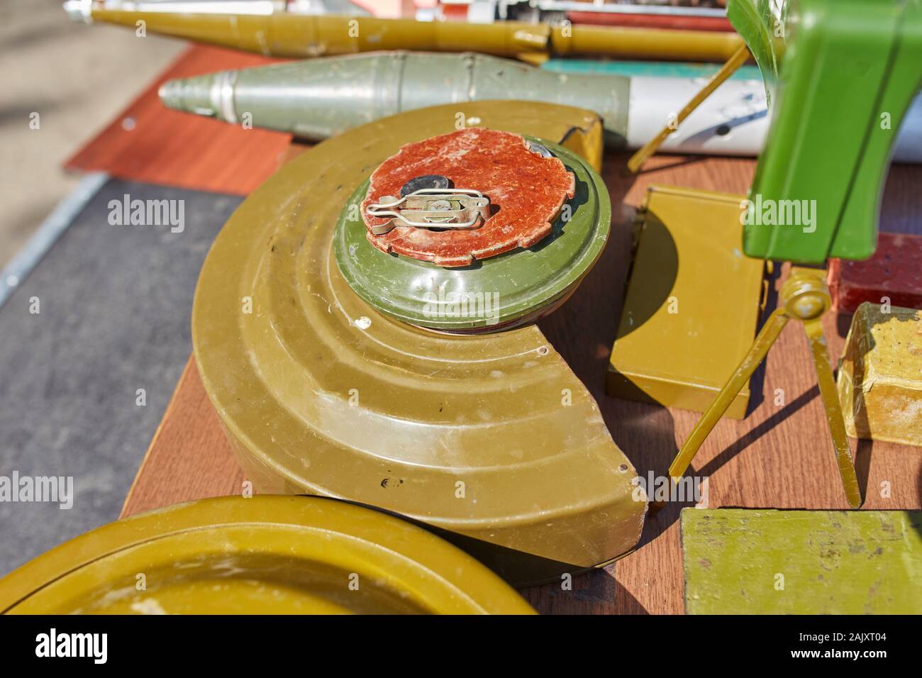 Anti-tank mine at the stand. Weapons of war in Ukraine Stock Photo