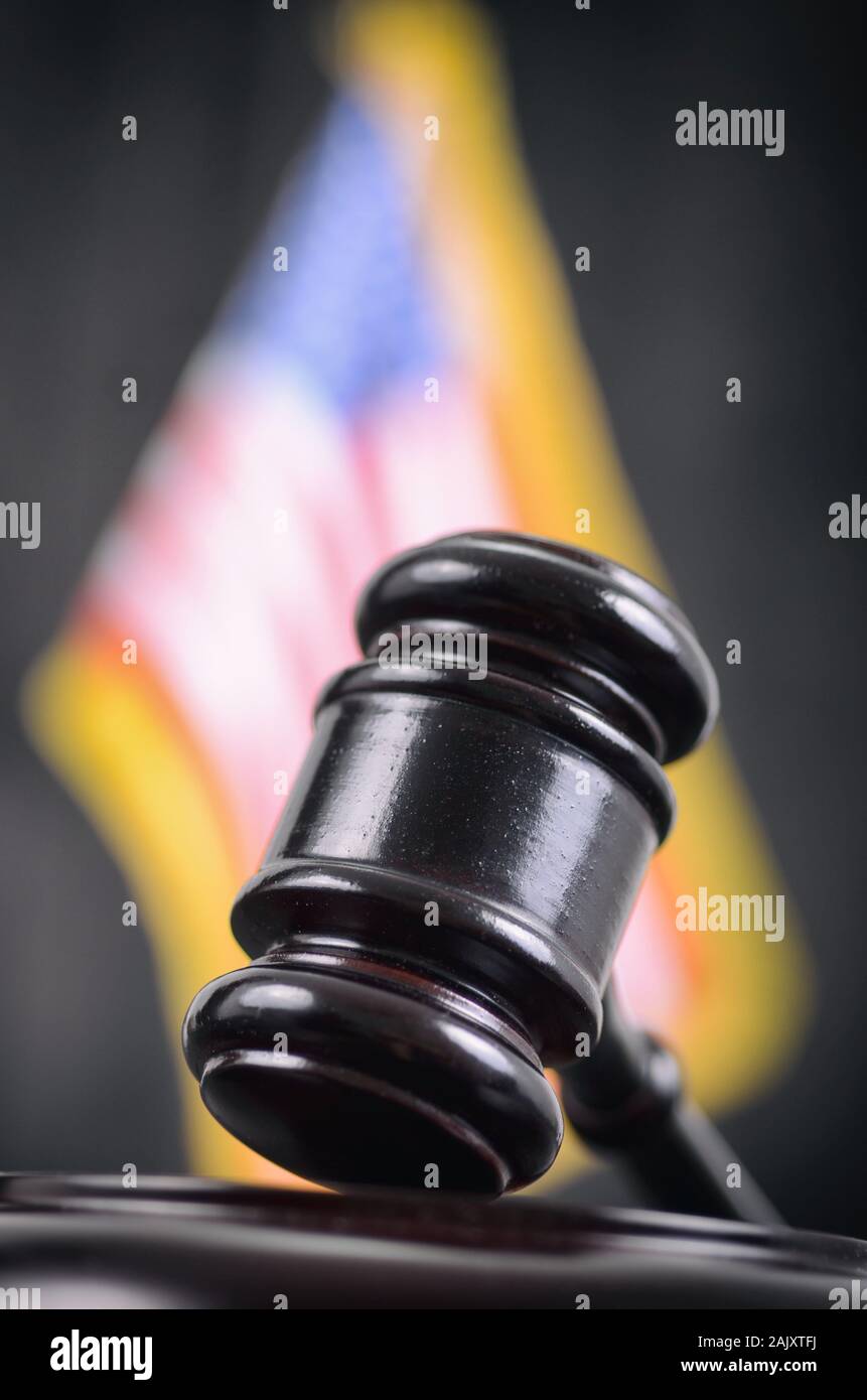 Law and Justice, Legality concept, Judge Gavel and United States of America flag on a black wooden background. Stock Photo