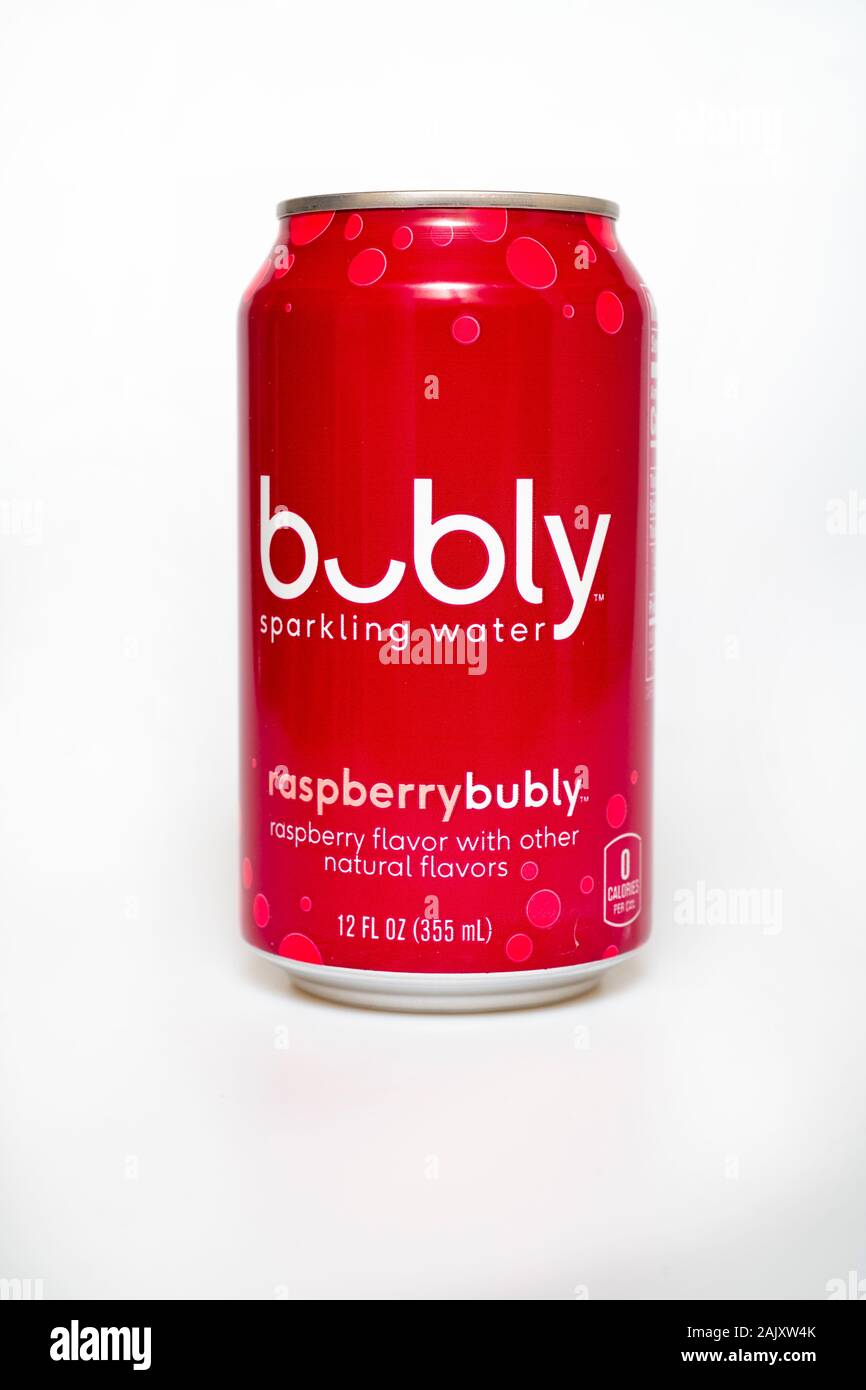 Food Bubly sparking soda water zero calorie sugar free flavored can Stock Photo