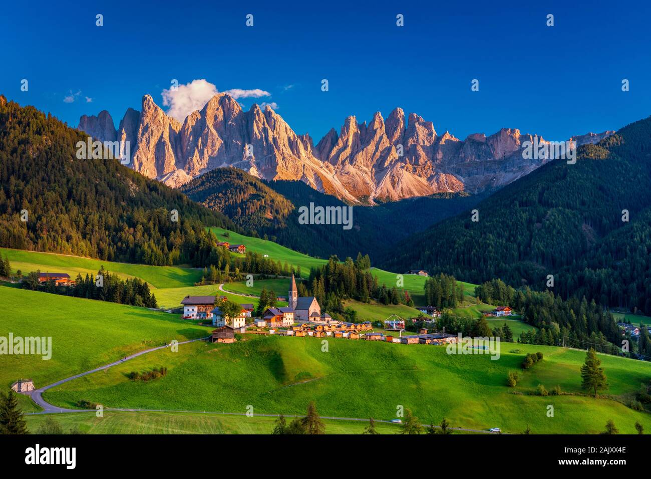 Santa Maddalena (Santa Magdalena) village with magical Dolomites mountains  in background, Val di Funes valley, Trentino Alto Adige region, South Tyrol  Stock Photo - Alamy