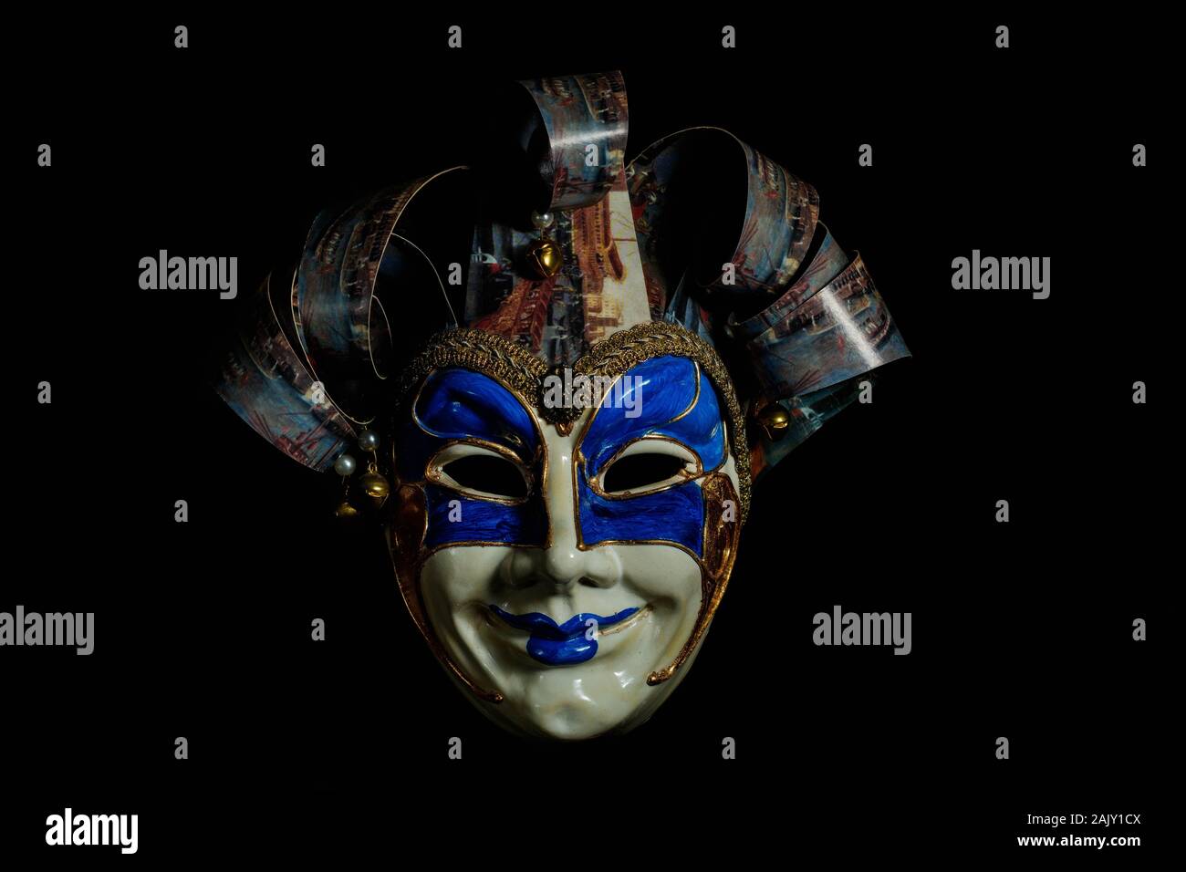 Venice / Italy - January 06 2020: Blue and white traditional Venetian mask on display in Venice Italy Stock Photo