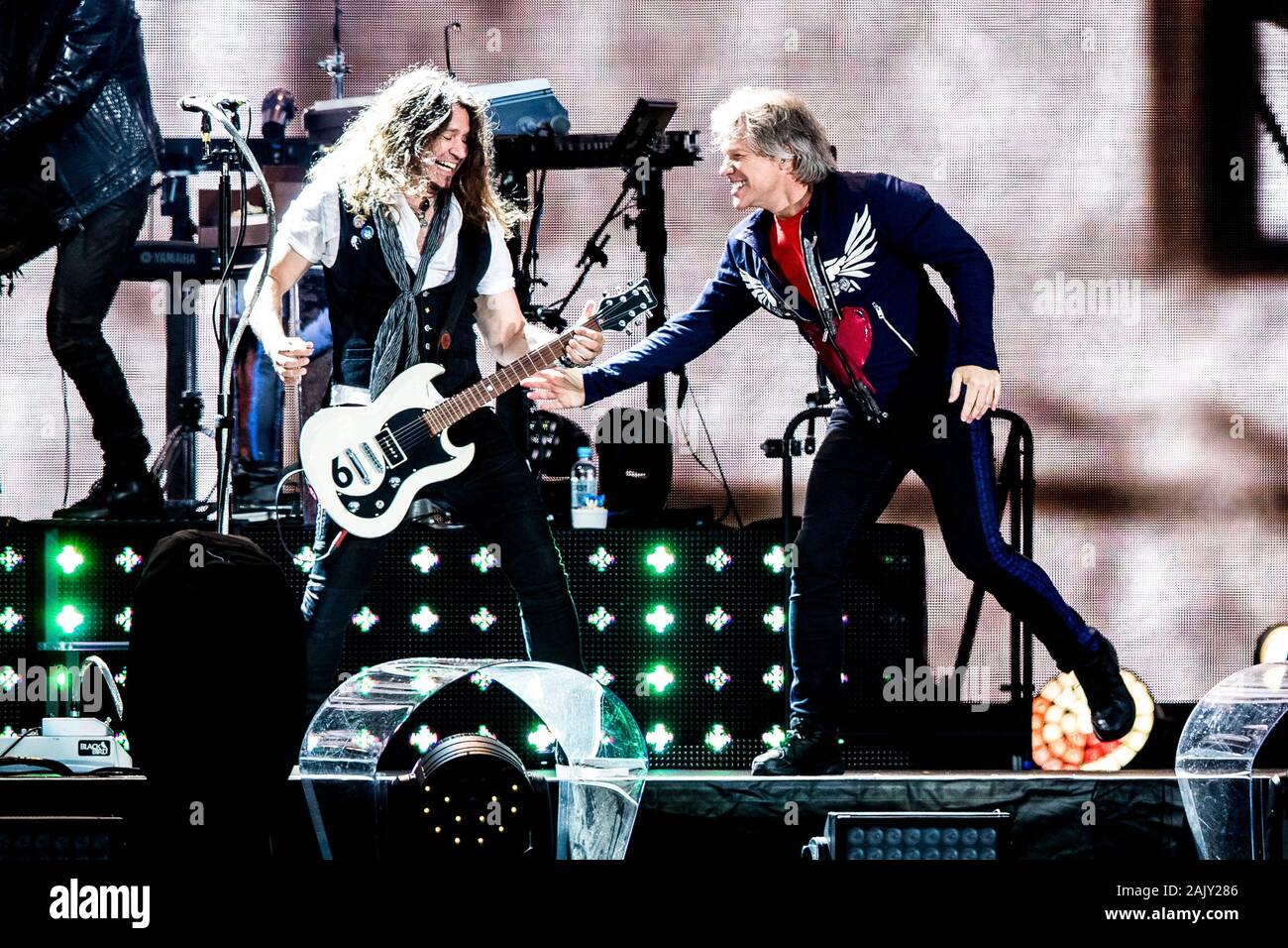 Soenderborg, Denmark. 11th, June 2019. The American rock band Bon Jovi performs a live concert at Slagmarken in Soenderborg. Here singer and musician Jon Bon Jovi is seen live on stage with guitarist Phil X. (Photo credit: Gonzales Photo - Lasse Lagoni). Stock Photo