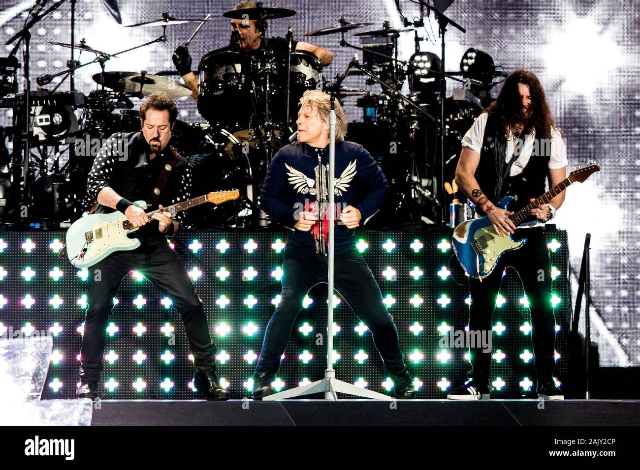 Soenderborg, Denmark. 11th, June 2019. The American rock band Bon Jovi performs a live concert at Slagmarken in Soenderborg. Here singer and musician Jon Bon Jovi is seen live on stage with guitarists John Shanks (L) and Phil X (R). (Photo credit: Gonzales Photo - Lasse Lagoni). Stock Photo