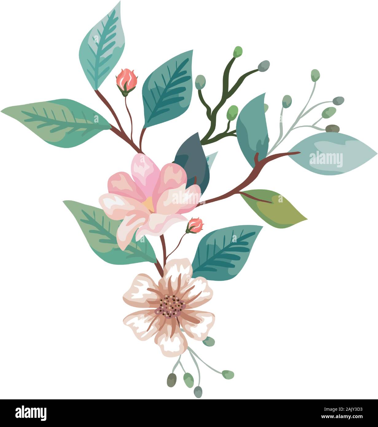 cute flowers with branches and leafs isolated icon Stock Vector Image ...