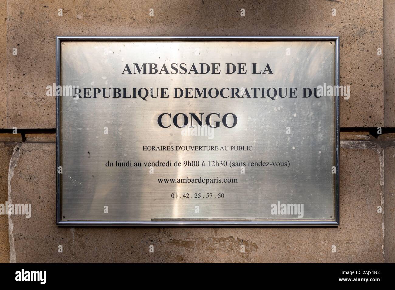 Ambassade de la République Démocratique du Congo (Embassy of the Democratic Republic of Congo), sign; Paris, France Stock Photo
