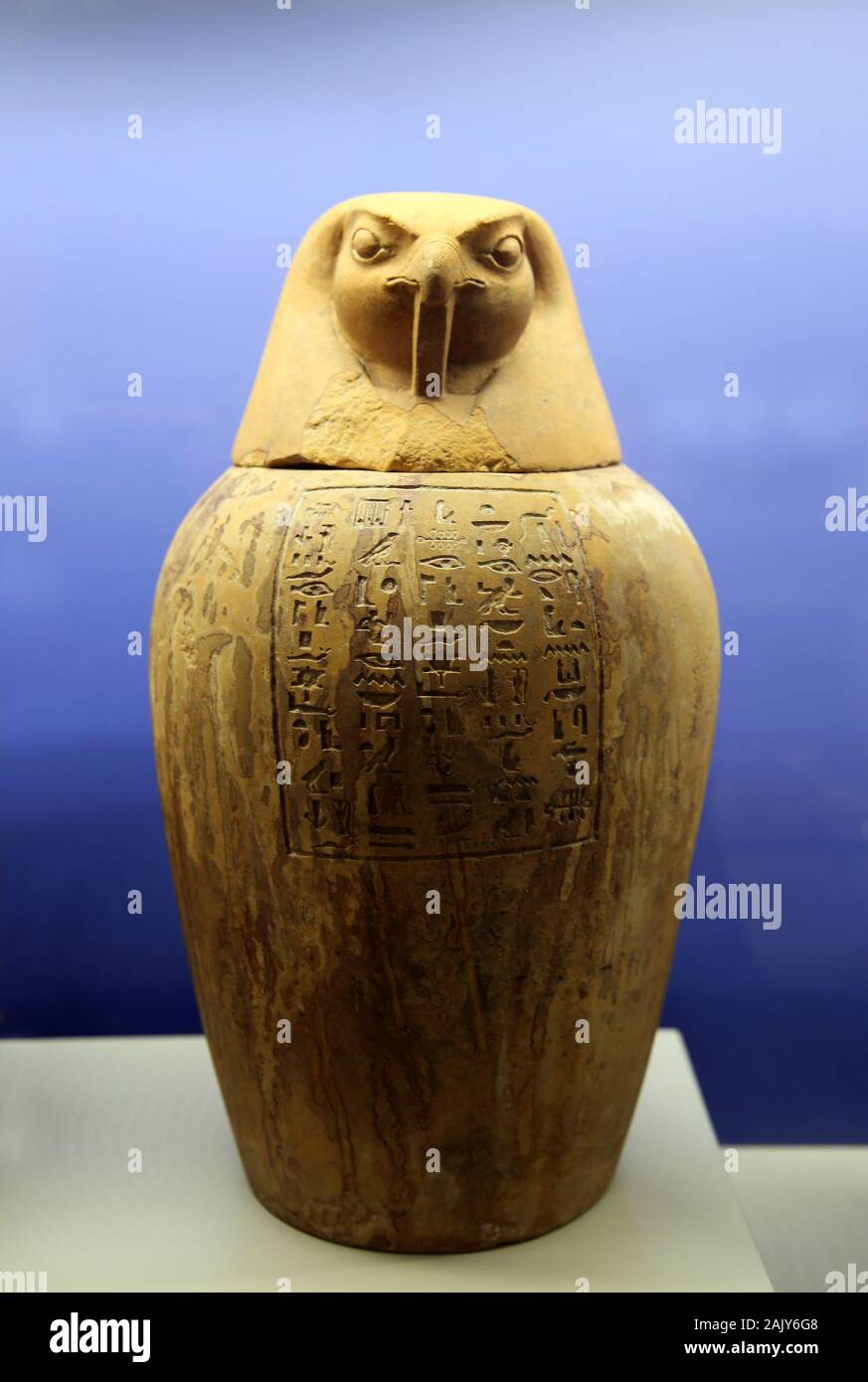 Canopic jar of Payeftjauemawyaset with Horus head. Limestone. Egypt, 26th Dynasty (664-525BC). Picchianti Collection. Naples Museum. Italy. Stock Photo