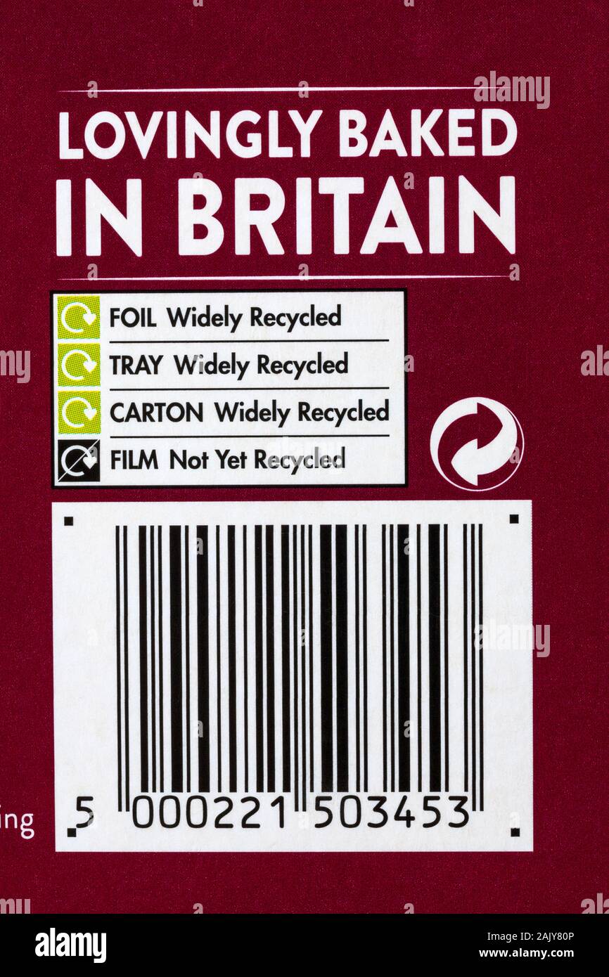 Lovingly baked In Britain, recycling information and barcode on box of Mr Kipling 6 iced top mince pies exceedingly good cakes Stock Photo