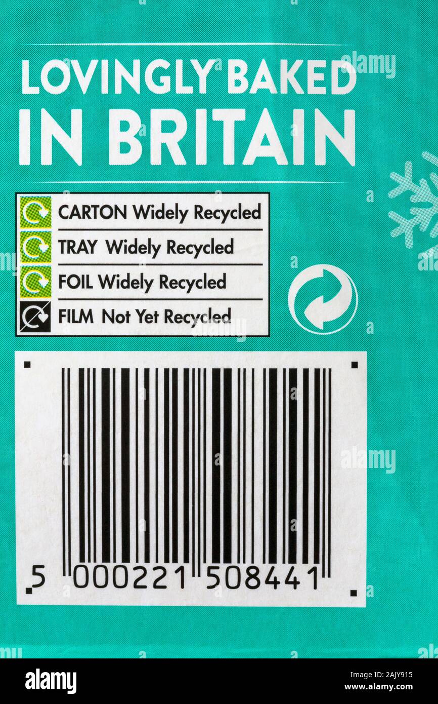 Lovingly baked In Britain, recycling information and barcode on box of Mr Kipling Festive Bakewells exceedingly good cakes Stock Photo