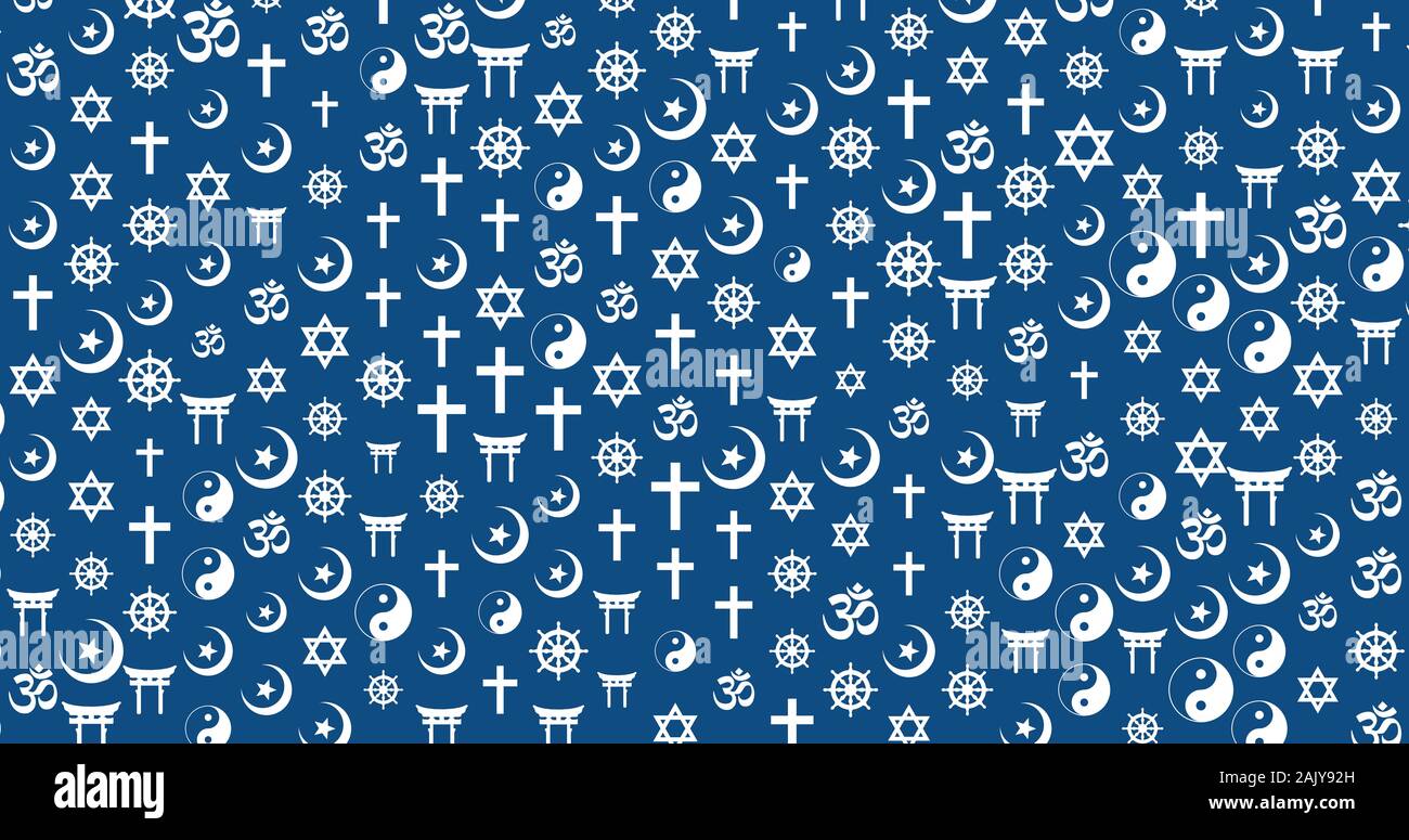 Abstract background of randomly sized religious symbols (Buddhism, Christianity, Hinduism, Islam, Judaism, Shinto, Taoism). Cultural diversity concept Stock Photo