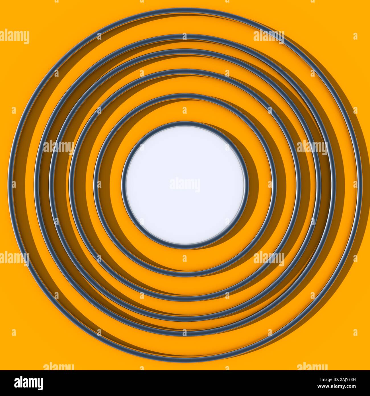Abstract 3D render of shiny reflective metal rings focusing attention