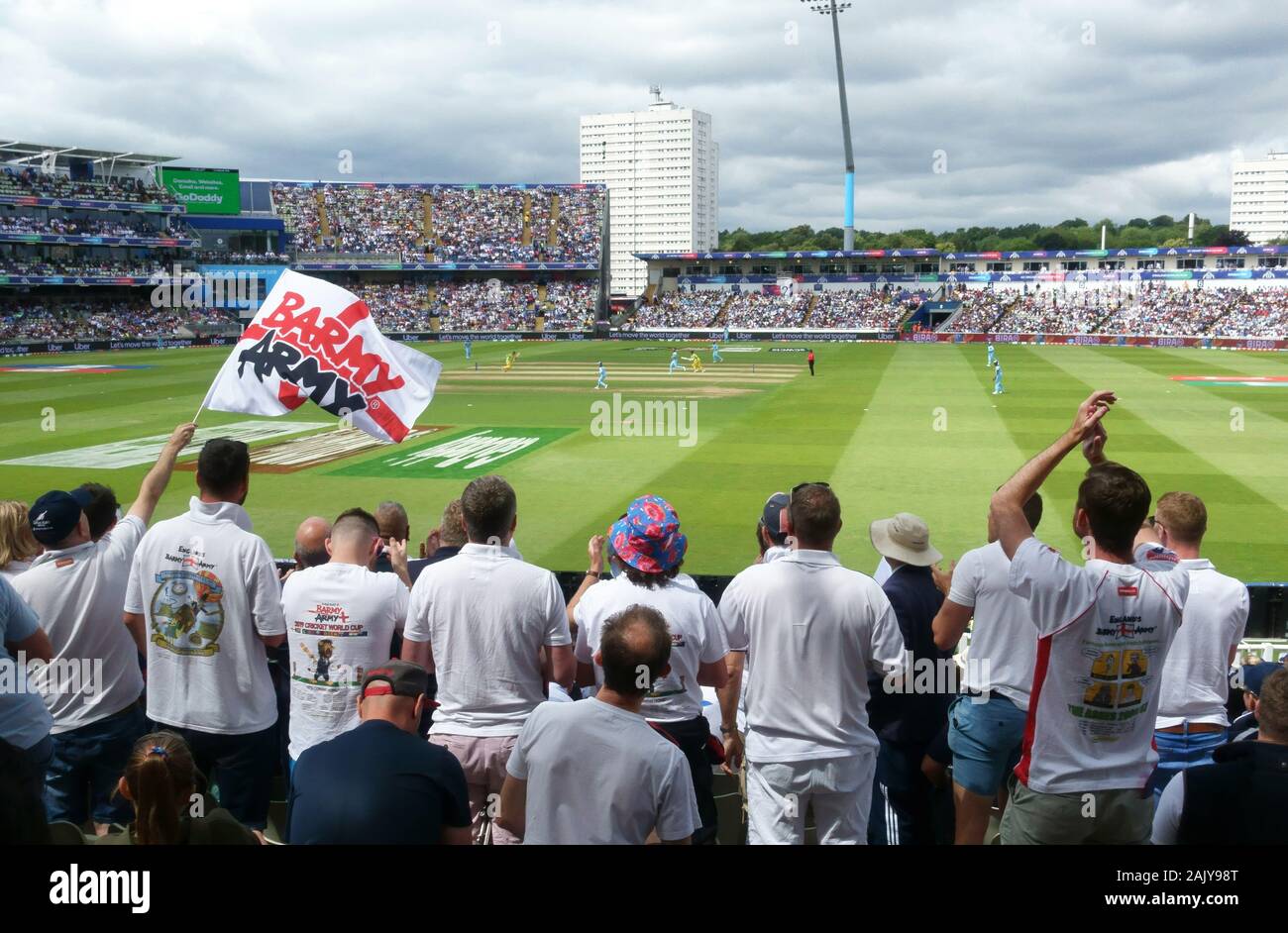 The Barmy Army in full voiceas the England cricket team beat Australia in the 2019 world cup semi final at Edgbaston England UK Stock Photo