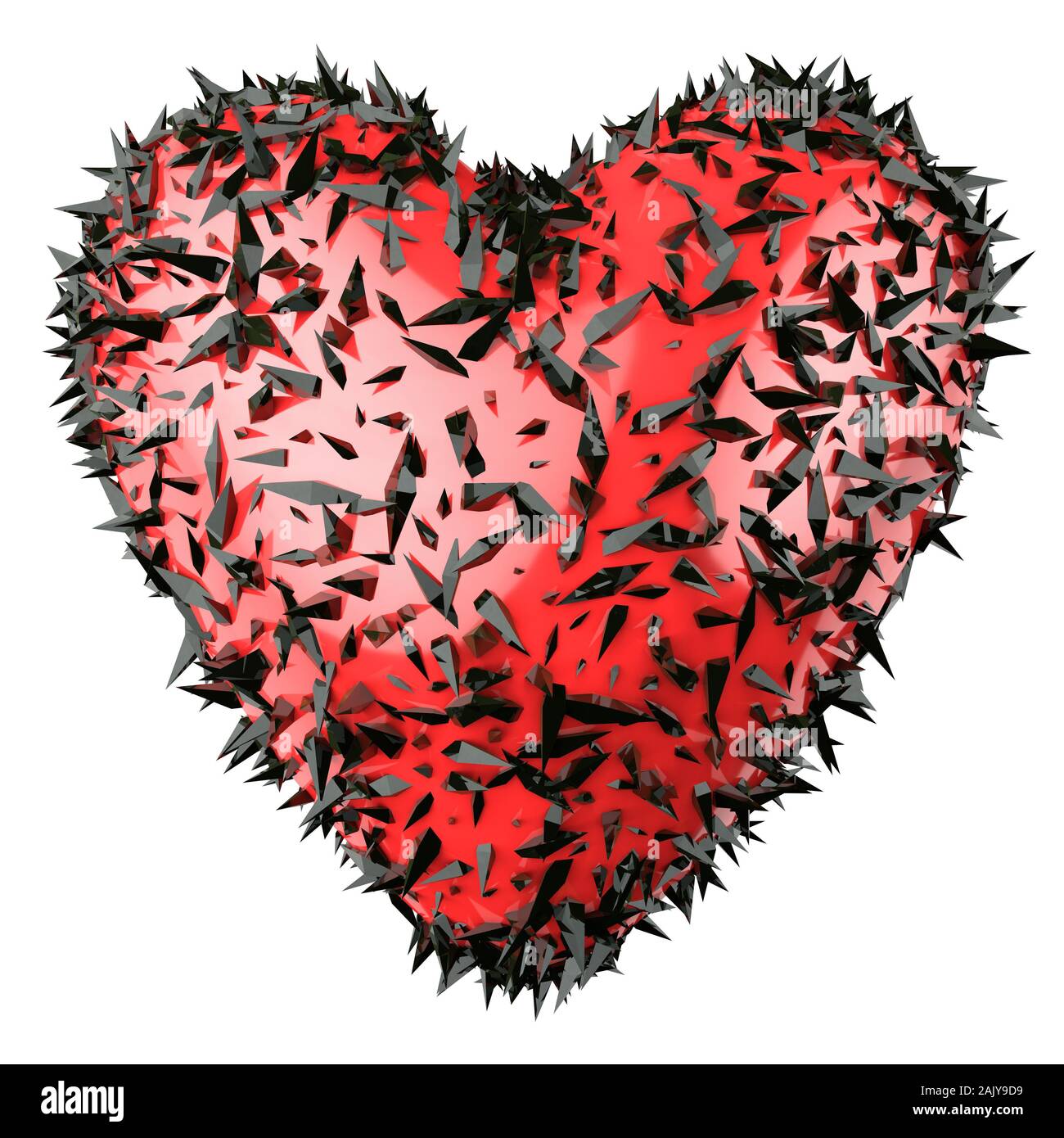 Red heart with black spiky sharp crystals isolated on white background. Symbol for love, romance, hard relationship and passion. Stock Photo