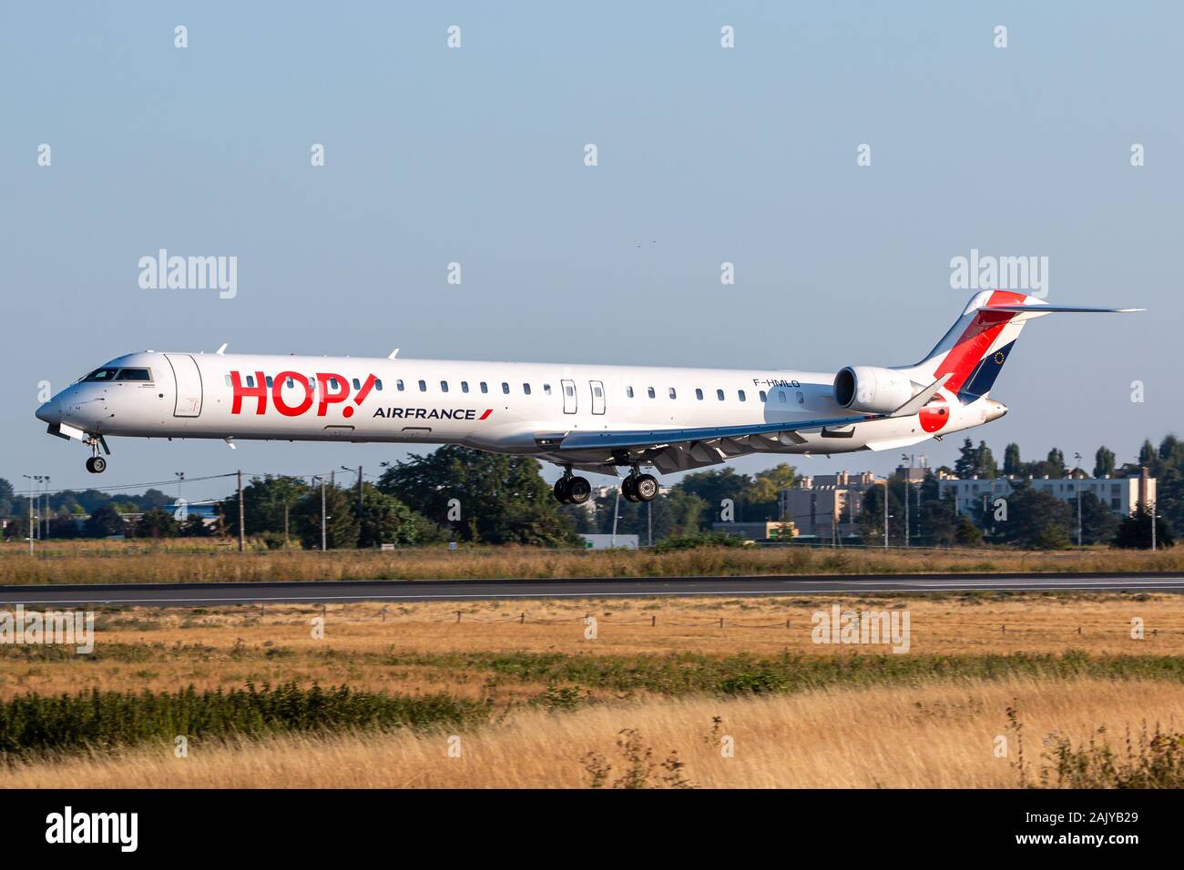 Paris, France - August 15, 2018: HOP Air France Bombardier CRJ-1000 airplane at Paris Orly airport (ORY) in France. Bombardier is an aircraft manufact Stock Photo