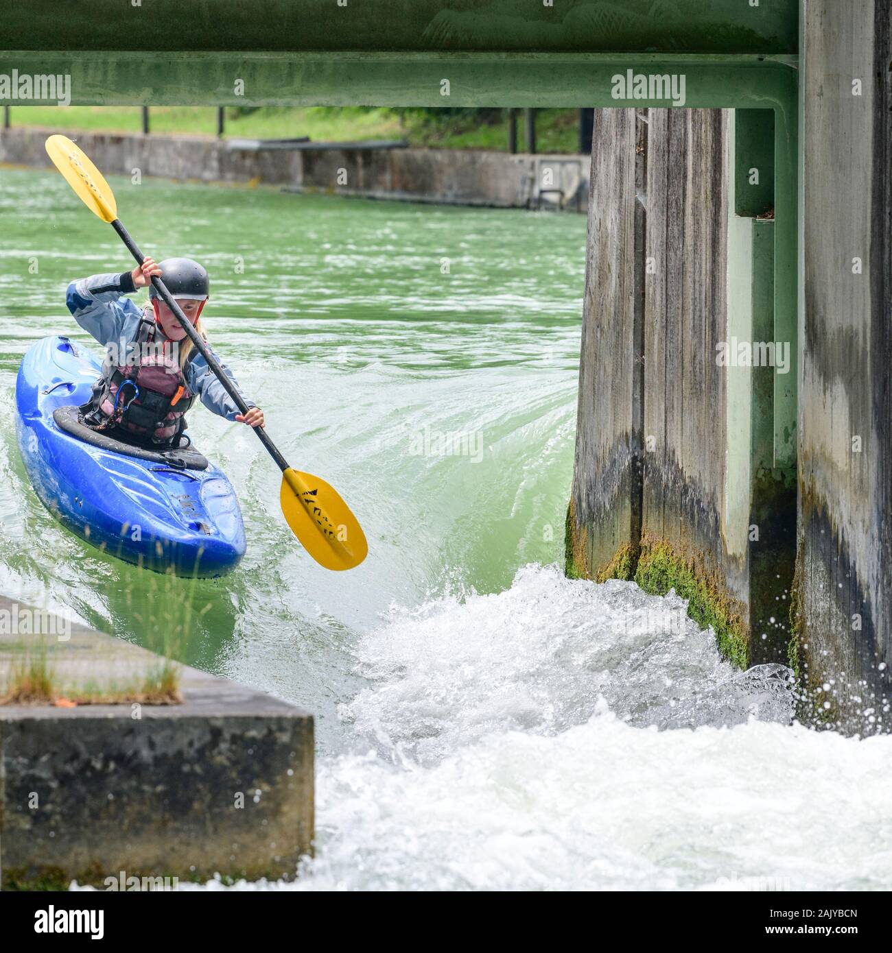 Kayaking on an artificial wild water channel Stock Photo