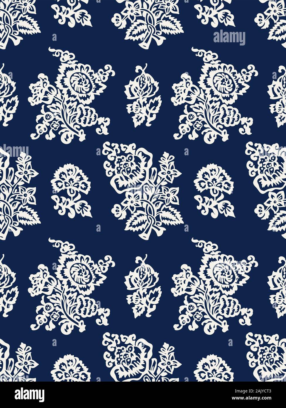 Seamless woodblock printed indigo dye floral pattern. Vector ethnic ornament, traditional Russian motif with tulips and carnations, ecru on navy blue Stock Vector