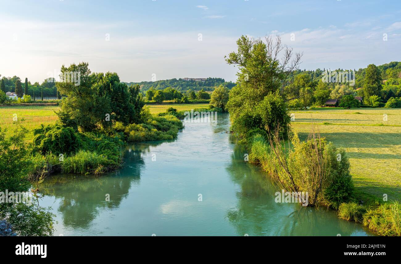 Idyllic landscape along the Mincio river near Valeggio. Province of Verona, Veneto, Italy Stock Photo