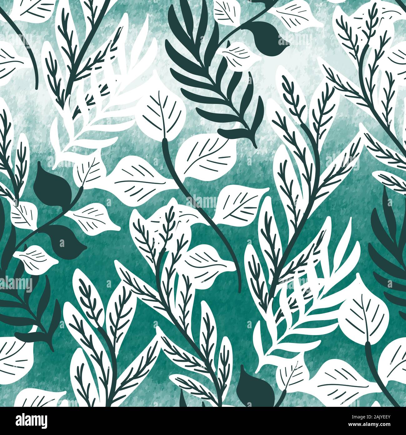 Teal green textured tropical leaf seamless pattern Stock Vector