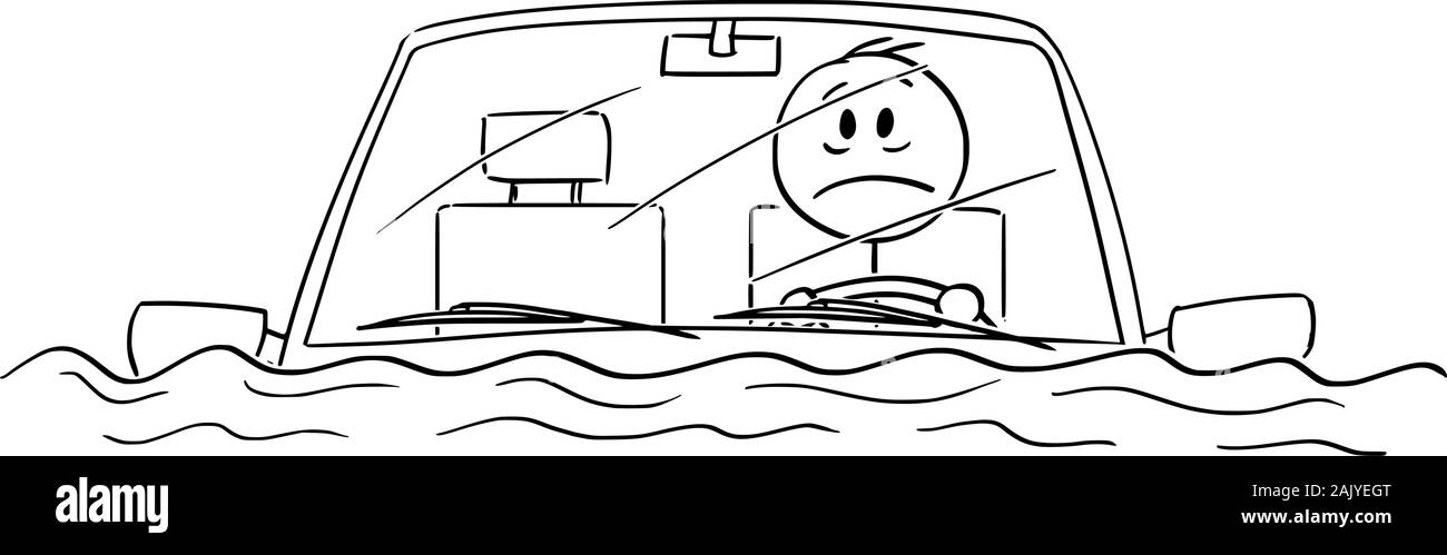 Vector cartoon stick figure drawing conceptual illustration of man or driver driving car in water flood, or sitting stunned in car after traffic accident fallen in river or lake. Stock Vector