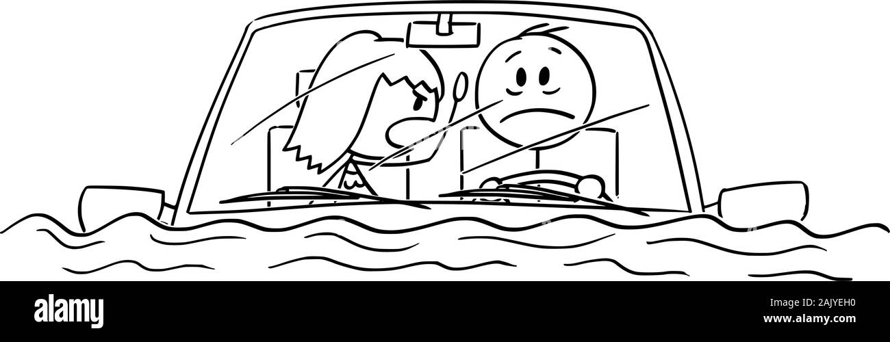 Vector cartoon stick figure drawing conceptual illustration of man or driver driving car in water flood, or sitting stunned in car after traffic accident fallen in river or lake. Wife is scolding him. Stock Vector