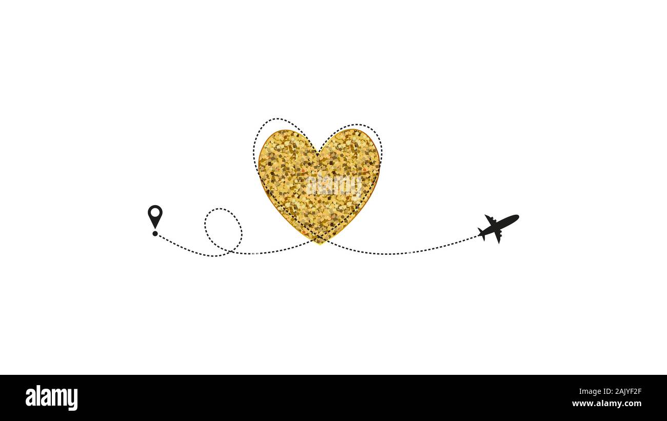 Love airplane route. Golden Heart dashed line trace and plane routes isolated on white background. Romantic wedding travel, Honeymoon trip. Hearted Stock Vector