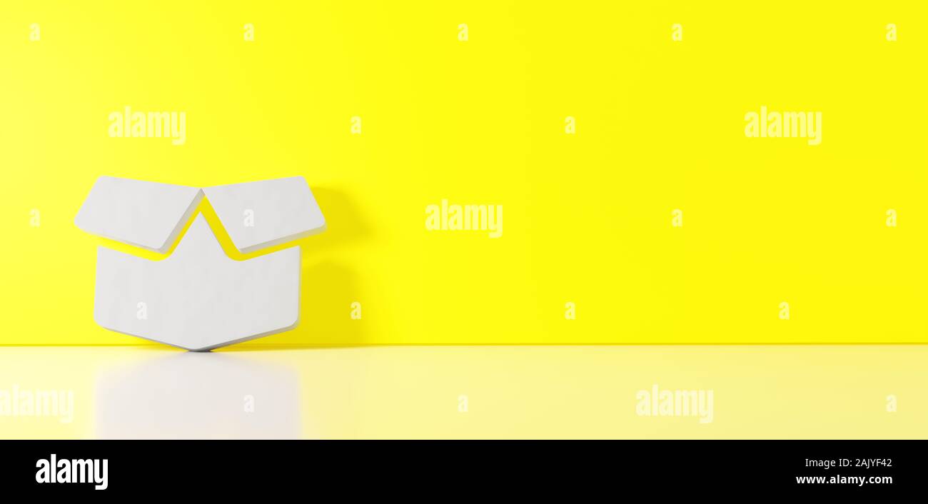 3D rendering of white symbol of box open with flaps icon leaning on on ...