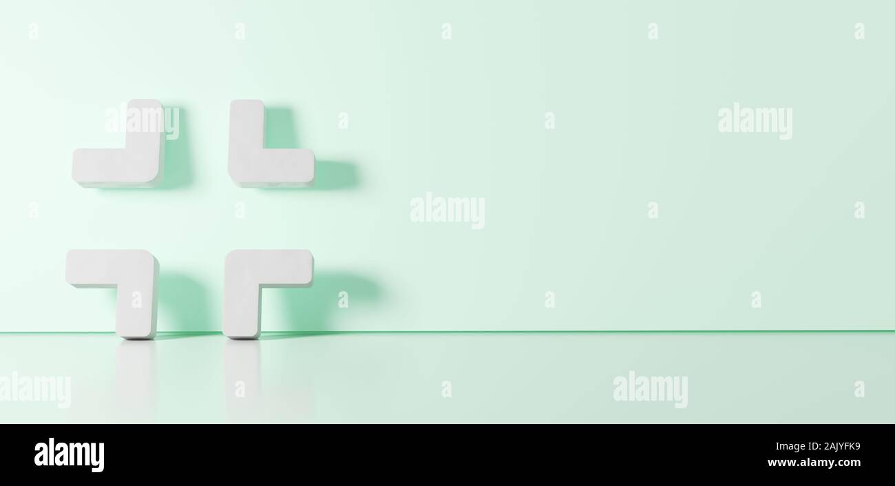 3D rendering of white symbol of compress edges icon leaning on on color wall with floor blurred reflection with empty space on right side Stock Photo