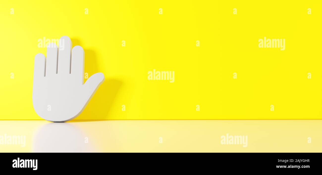 3D rendering of white symbol of hand icon leaning on on color wall with ...