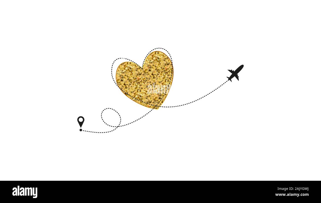 Love airplane route. Golden Heart dashed line trace and plane routes isolated on white background. Romantic wedding travel, Honeymoon trip. Hearted Stock Vector