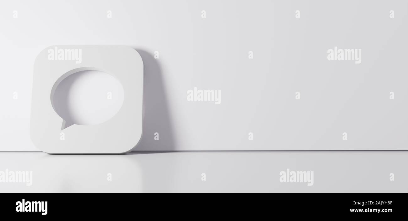 3D rendering of white symbol of communication bubble in rounded square ...