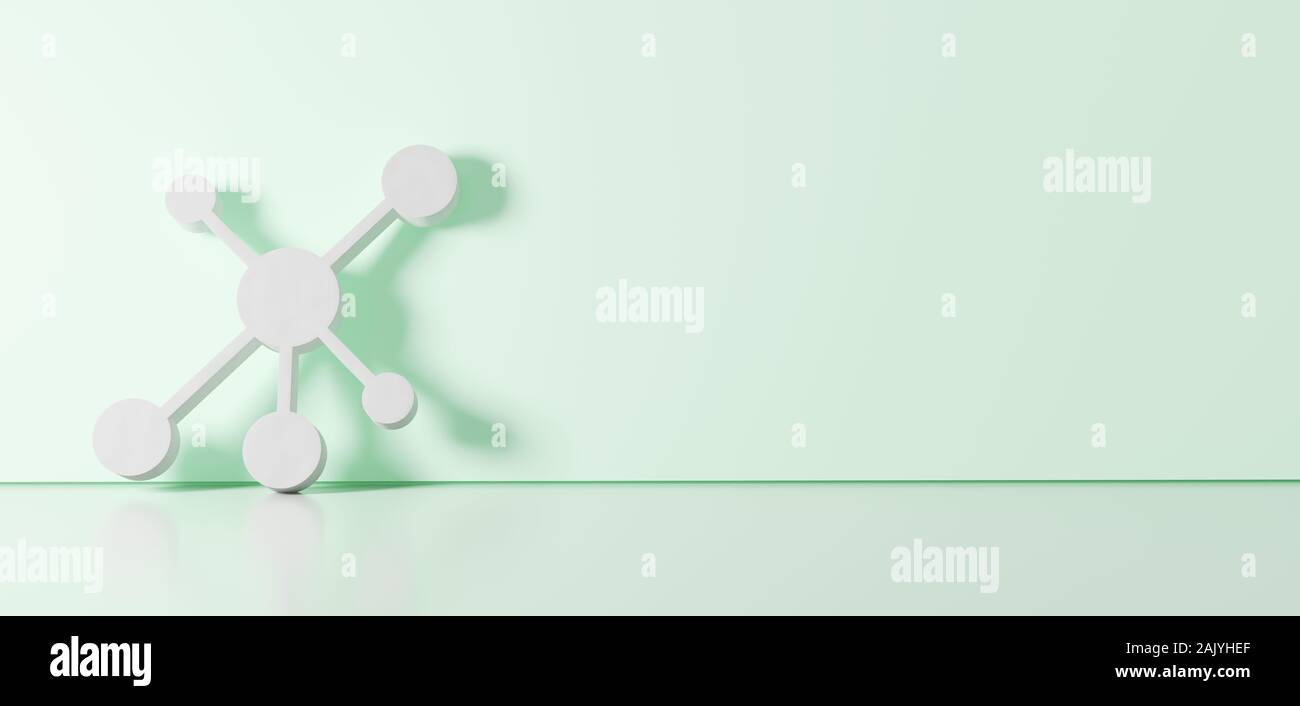 3D rendering of white symbol of network with central sphere icon ...