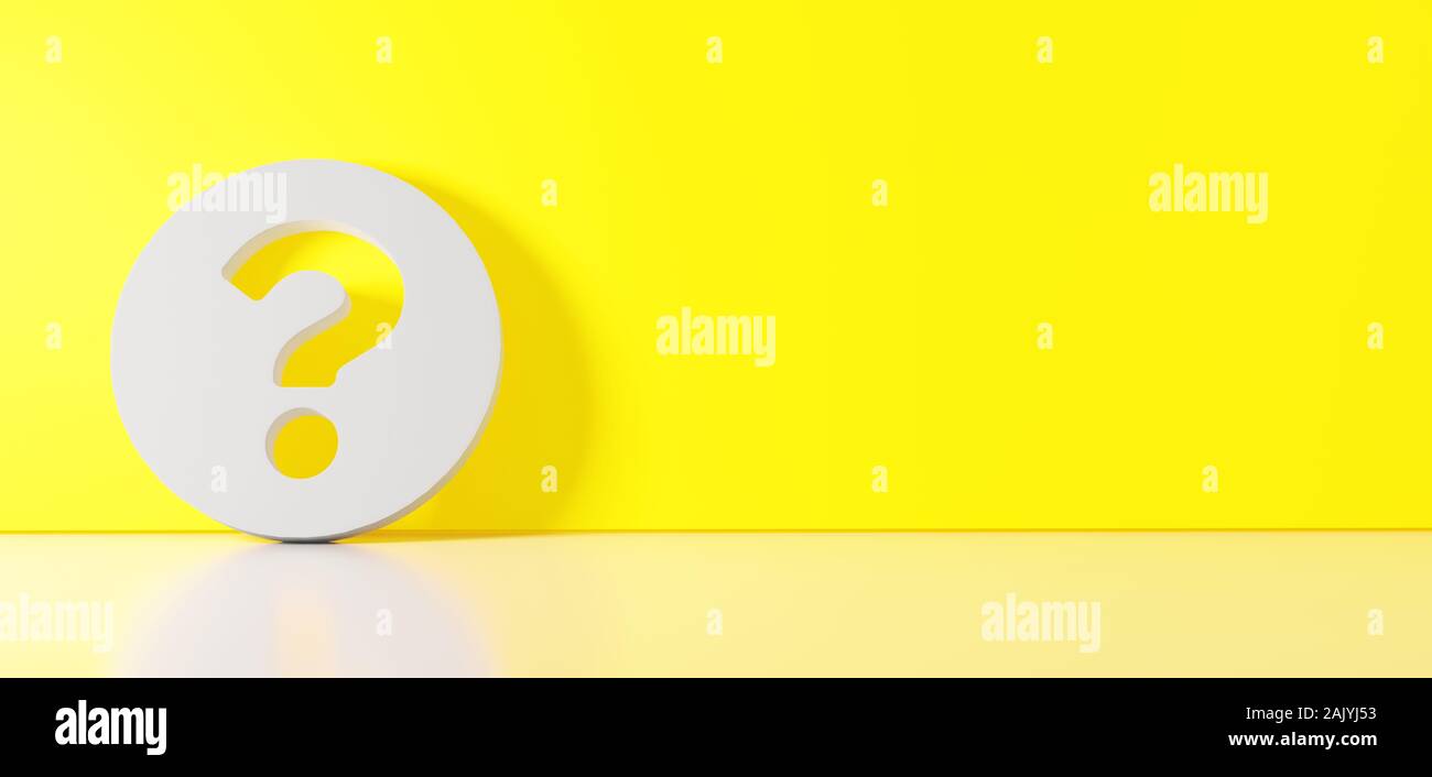 3D rendering of white symbol of question mark in circle icon leaning on ...