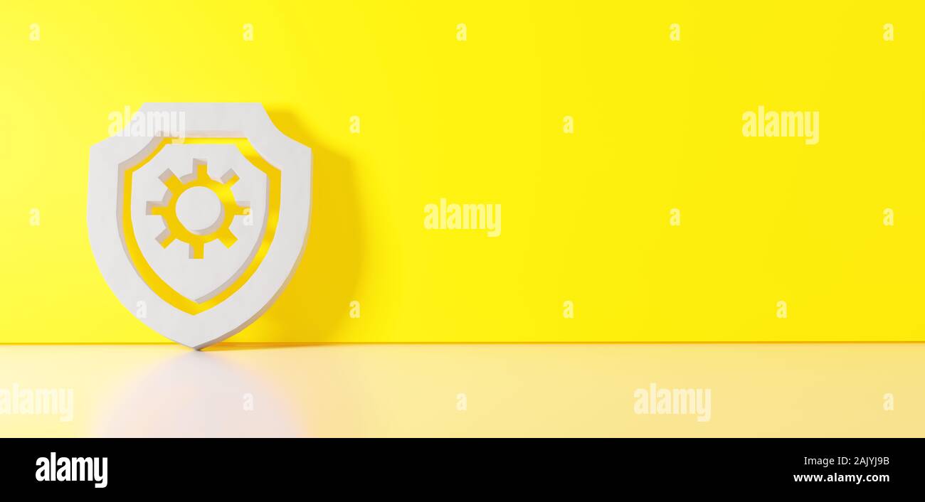 3D rendering of white symbol of shield with cogwheel inside icon ...