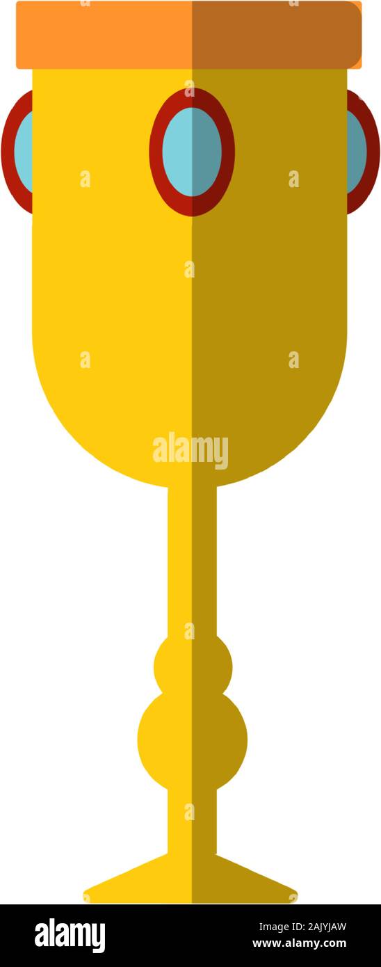 Vector illustration of chalice with gemstones. Flat icon of cup, goblet isolated on white background. Winner price, golden flat goblet. Golden trophy Stock Vector