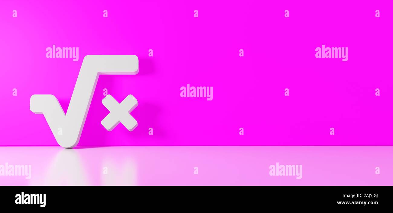 3D rendering of white symbol of root and letter x icon leaning on on color wall with floor blurred reflection with empty space on right side Stock Photo