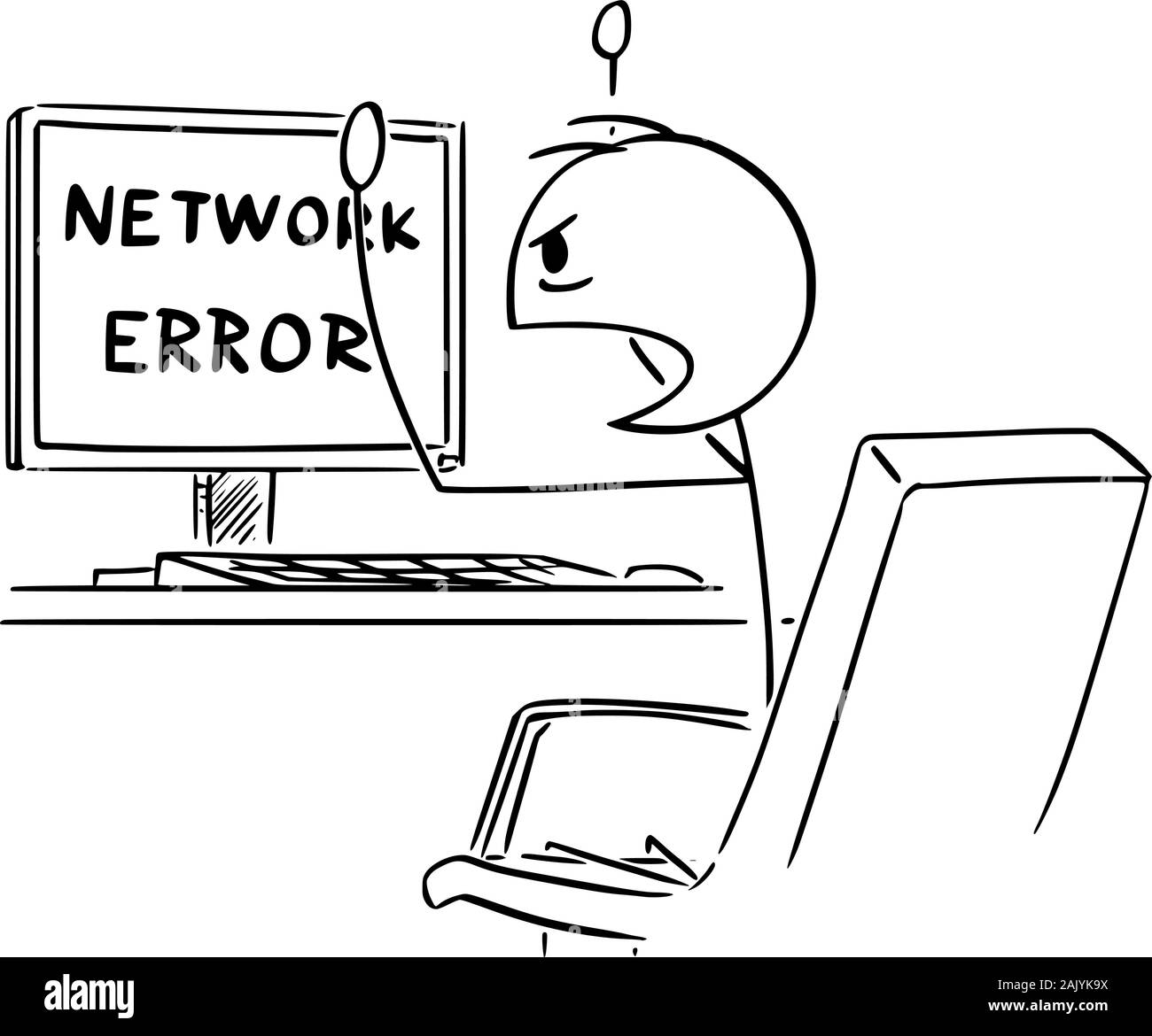 Vector cartoon stick figure drawing conceptual illustration of angry man or businessman working on computer and watching network error message on the screen. Stock Vector