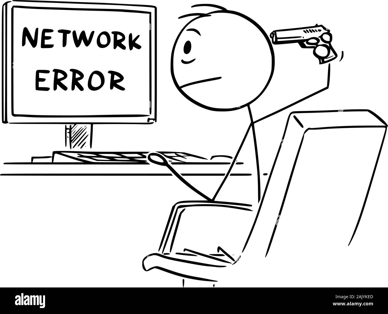 Vector cartoon stick figure drawing conceptual illustration of desperate man or businessman working on computer and watching network error Message. He is going to kill yourself with hand gun. Stock Vector