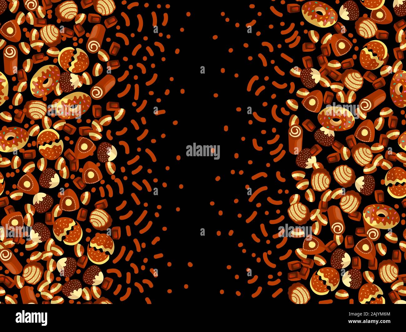 Chocolate candy frame of choco candies on black background. Chocolate