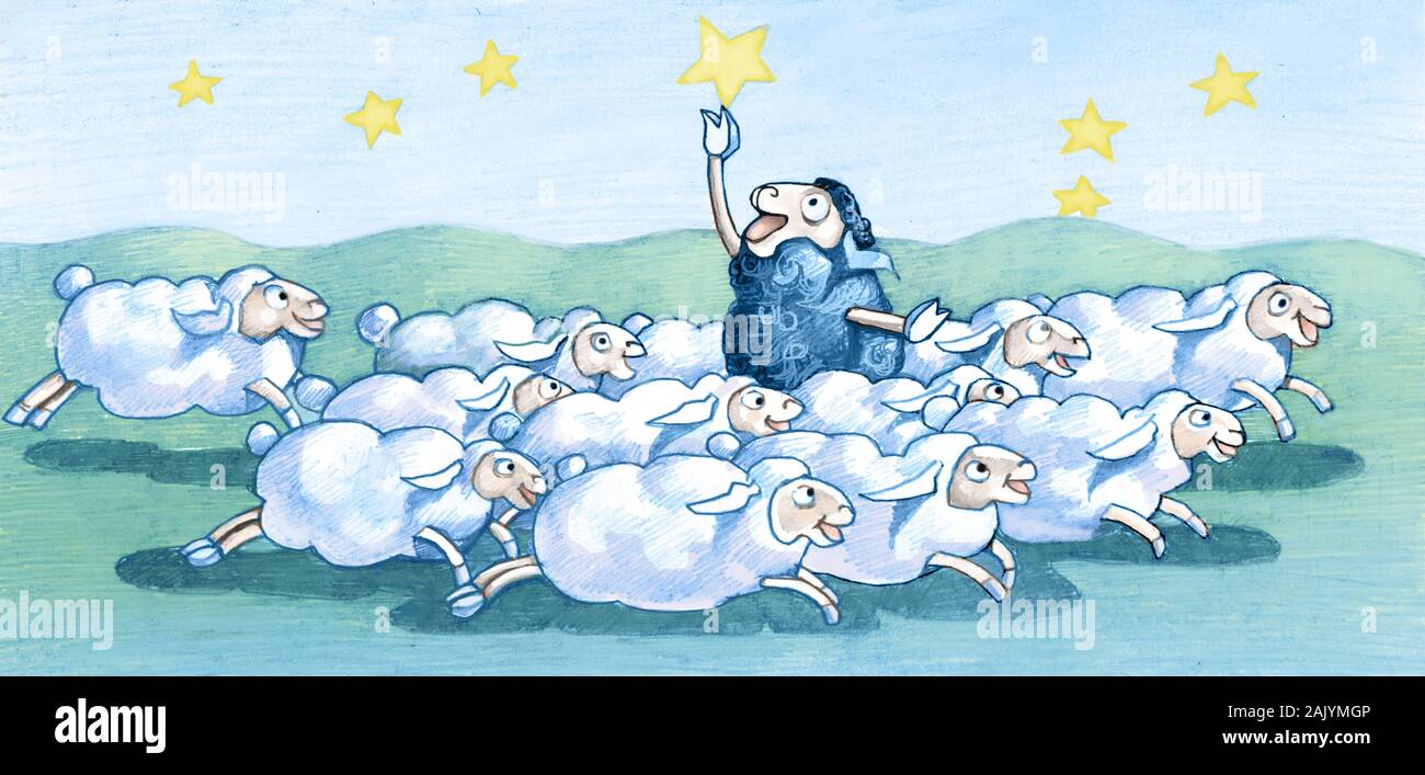 flock sheep runs among them black sheep firm tries to grab a star allegory of dreamers Stock Photo