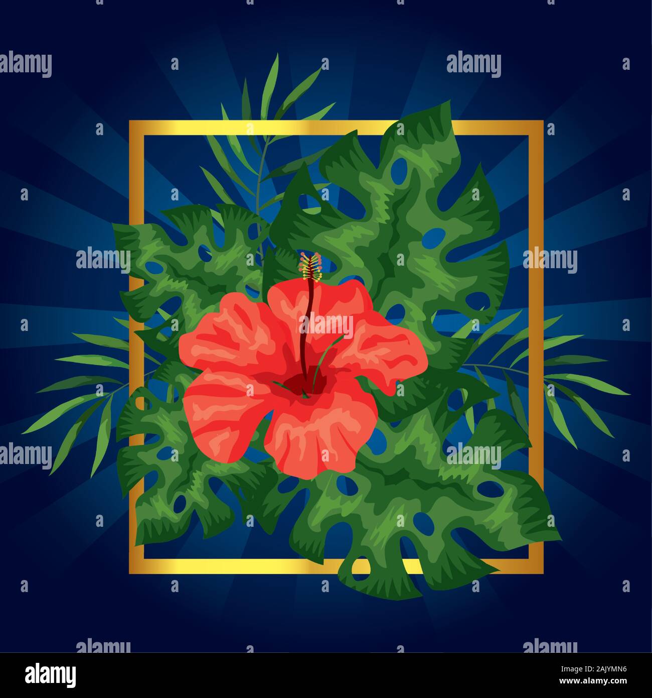 flower of red color with branches and leafs in frame Stock Vector Image ...
