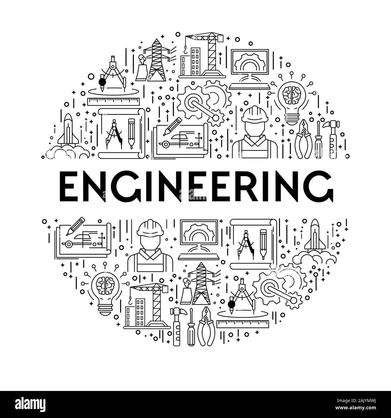 Science and engineering line icons on emblem or poster Stock Vector