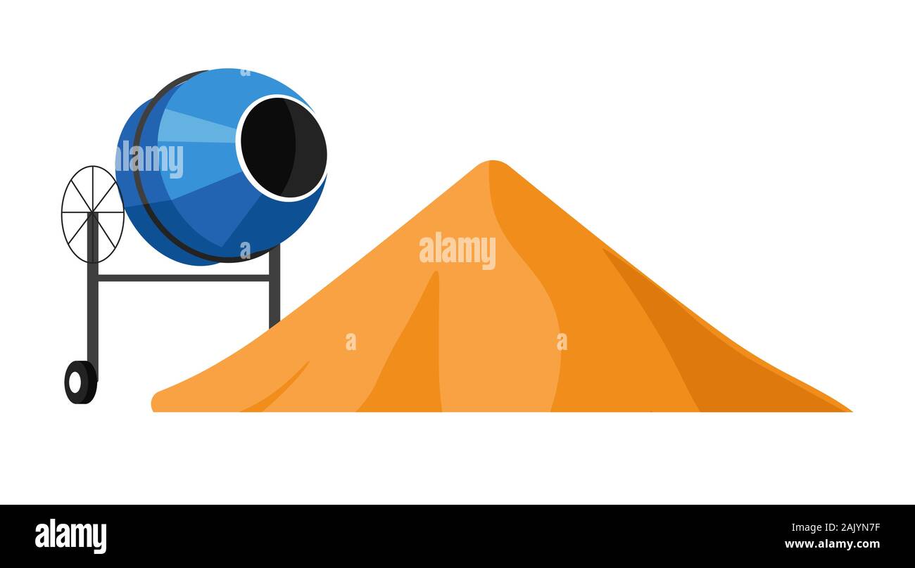 Sand pile and cement mixer isolated icon, construction site materials Stock Vector
